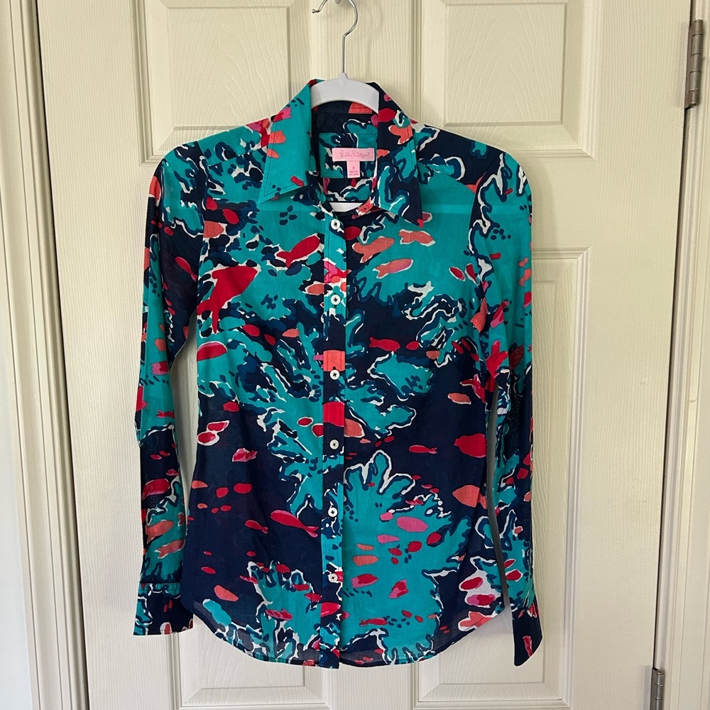Lilly Pulitzer Vibrant Teal and Coral Blouse